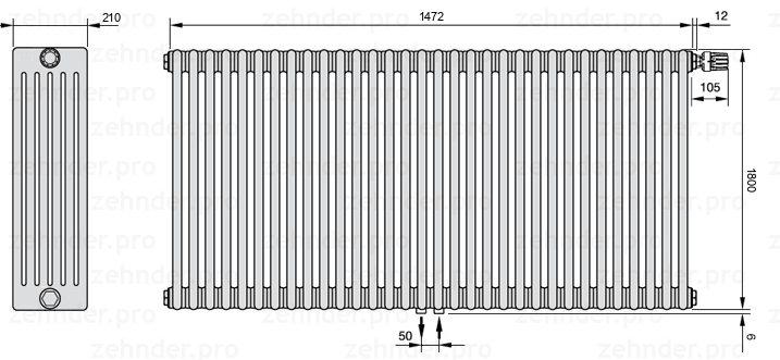 Схема (чертеж) Радиатор Zehnder Charleston 6180/32 №V008 Белый глянцевый RAL 9016